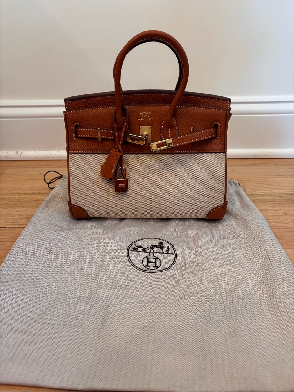 Designer inspired canvas and leather bag with gold-colored hardware